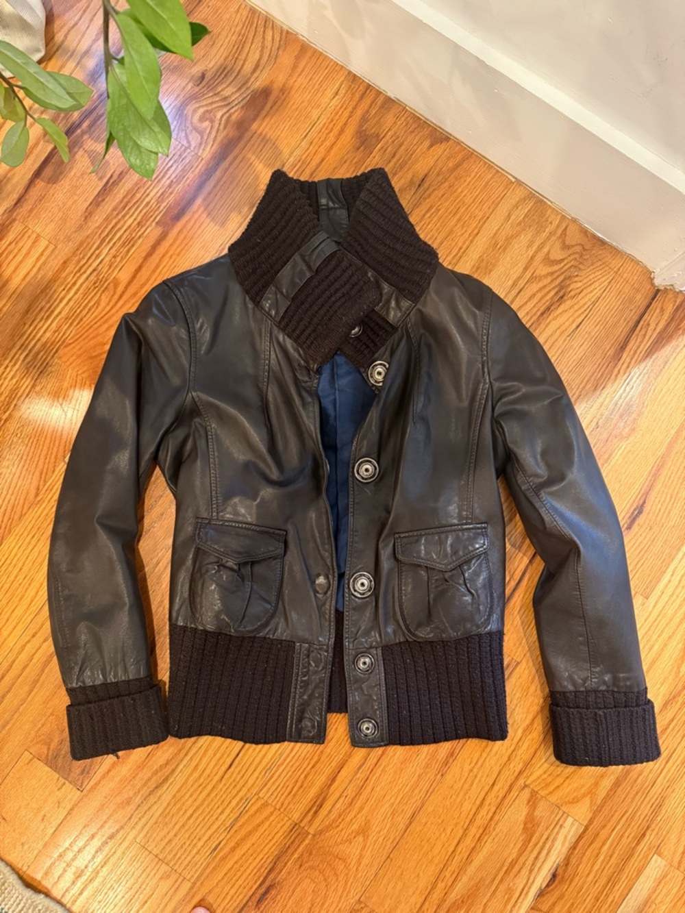 Woven Trim Black Leather Bomber Jacket